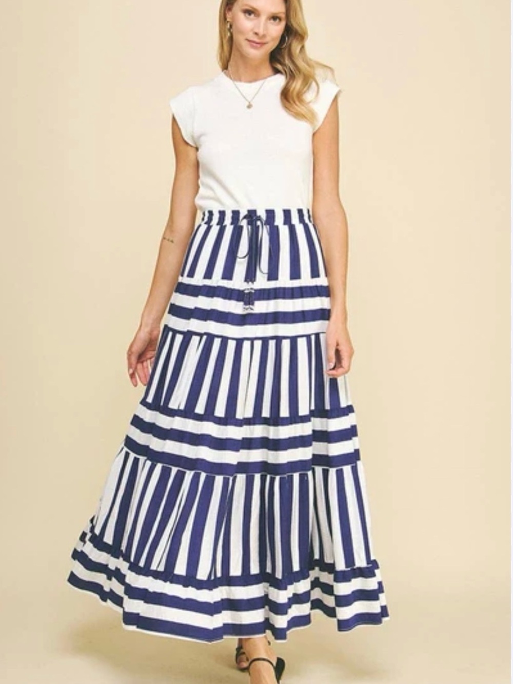 Pinch Navy and White Striped Tiered Maxi Skirt
